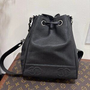 Authentic CHANEL Black Caviar drawstring bucket shoulder bag